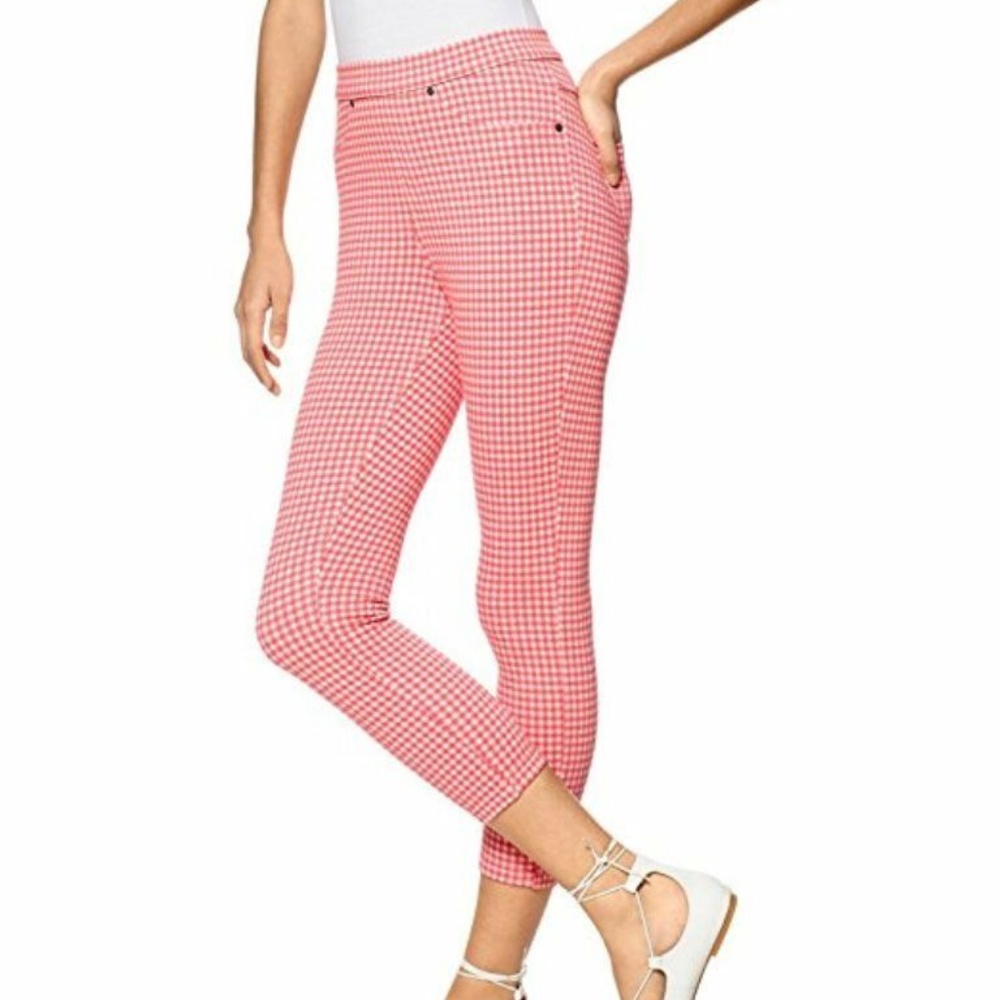 HUE U17960 Gingham Denim Capri LEGGINGS TART Pink